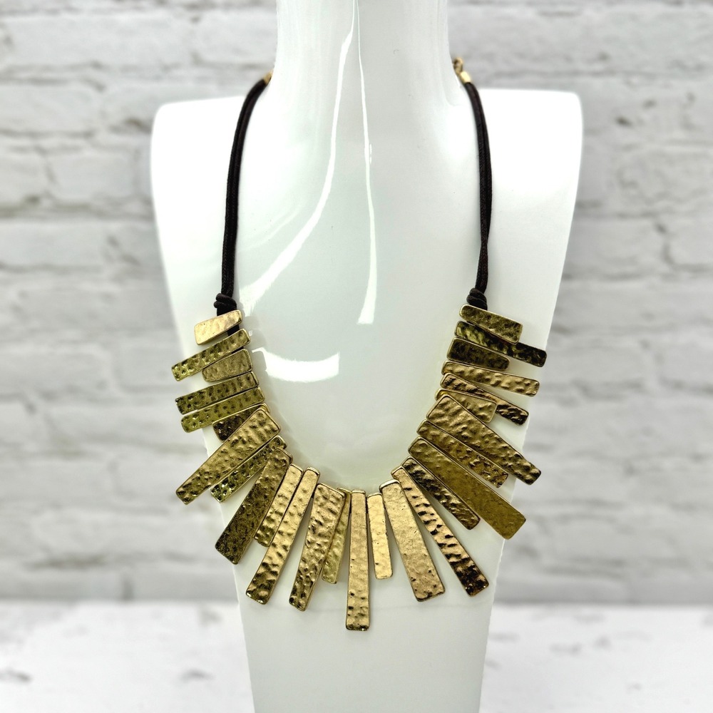 Joan Rivers Gold Tone Hammered Metal Fringe Bib Statement Necklace Brown Cord